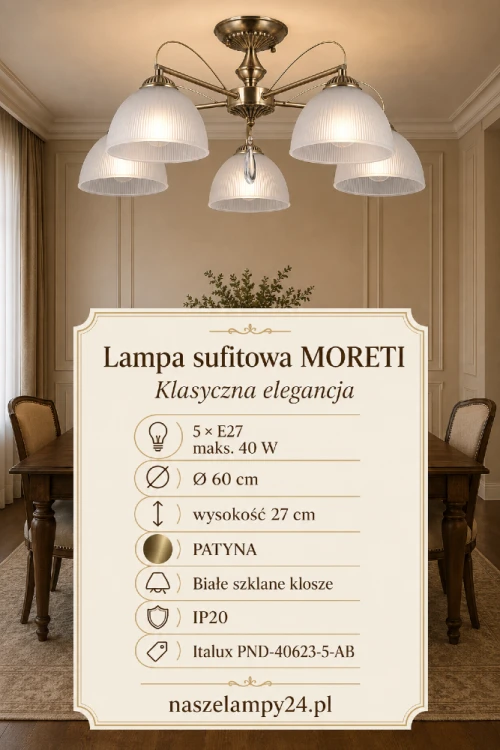 Elegancka lampa sufitowa MORETI PND-40623-5-AB z pięcioma białymi kloszami. Patynowane wykończenie i ozdobne detale podkreślają jej klasyczny oraz retro charakter. Model wykorzystuje pięć żarówek E27, maks. 40 W.