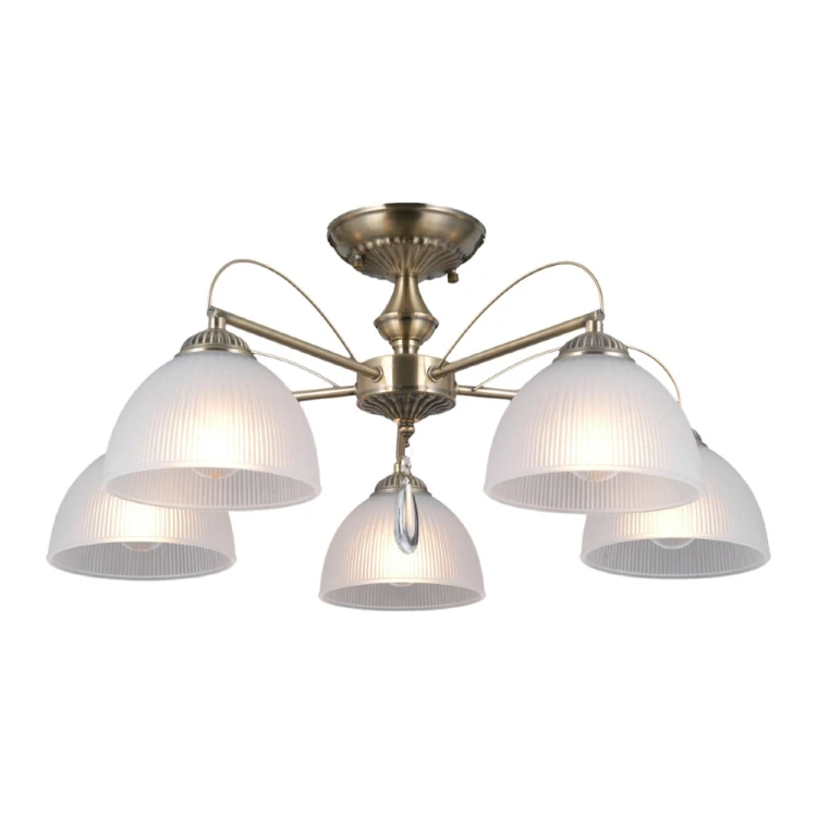 Lampa sufitowa MORETI marki Italux to klasyczna oprawa 5×E27 wykonana z metalu i szkła. Patyna, białe żłobione klosze i kryształowa zawieszka tworzą eleganckie oświetlenie do salonu, jadalni, sypialni lub holu.