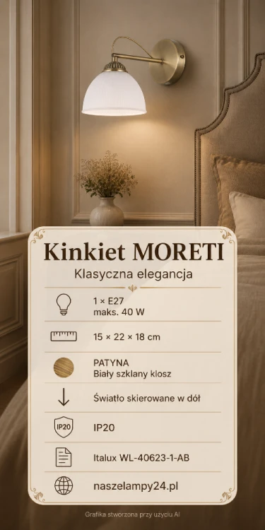 Lampa ścienna MORETI marki Italux to klasyczny kinkiet 1×E27 wykonany z metalu i szkła. Patynowane wykończenie oraz biały żłobiony klosz tworzą eleganckie oświetlenie do sypialni, salonu, gabinetu lub korytarza.