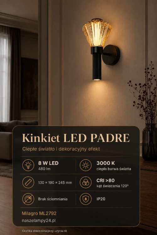 Nowoczesny kinkiet LED Milagro PADRE 8 W łączy czarny ryflowany korpus z fasetowanym szklanym kloszem. Ciepła barwa 3000 K, strumień 480 lm i dodatkowe światło skierowane w dół tworzą efektowną dekorację ściany.