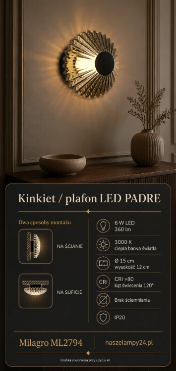 Czarny plafon i kinkiet LED PADRE Milagro to uniwersalna lampa montowana na suficie lub ścianie. Model ML2794 zapewnia 360 lm, ciepłą barwę 3000 K i kąt świecenia 120°. Fasetowany klosz tworzy dekoracyjne refleksy.