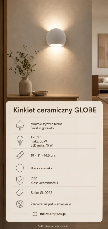 Minimalistyczny kinkiet ceramiczny Sollux GLOBE w białym kolorze. Oprawa 1×E27 tworzy efektowną poświatę góra–dół i subtelnie podkreśla ścianę. Model SL.0032 pasuje do salonu, sypialni, korytarza lub klatki schodowej.