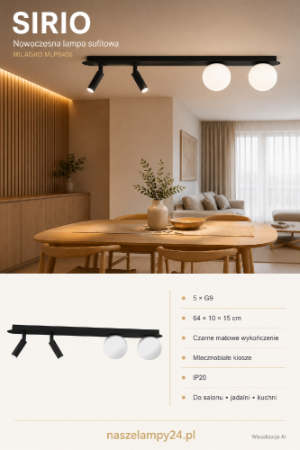 Czarna lampa sufitowa SIRIO 5×G9 Milagro to funkcjonalne oświetlenie do nowoczesnych wnętrz. Białe, kuliste klosze efektownie kontrastują z matową oprawą. Model MLP8406 polecamy do salonu, kuchni, jadalni, sypialni i biura.