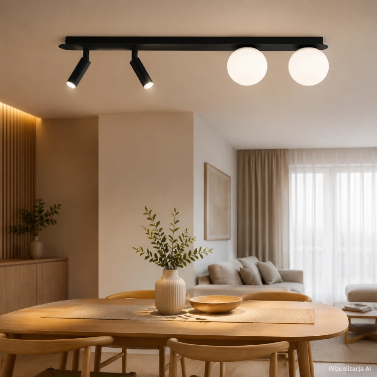 Lampa SIRIO MLP8406 marki Milagro ma pięć punktów świetlnych G9 oraz eleganckie, mlecznobiałe klosze. Podłużna czarna oprawa o szerokości 64 cm pasuje nad stół, wyspę i barek. Idealna do salonu, jadalni, kuchni lub gabinetu.