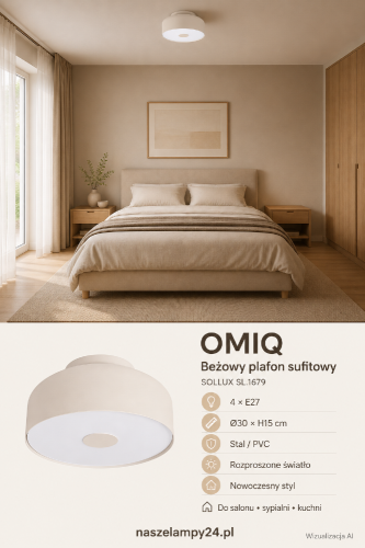 Nowoczesna lampa sufitowa OMIQ 4×E27 w beżowym kolorze łączy prostą formę z funkcjonalnym, rozproszonym światłem. Plafon Sollux SL.1679 ma średnicę 30 cm i wysokość 15 cm. Sprawdzi się w sypialni, salonie, kuchni oraz korytarzu.