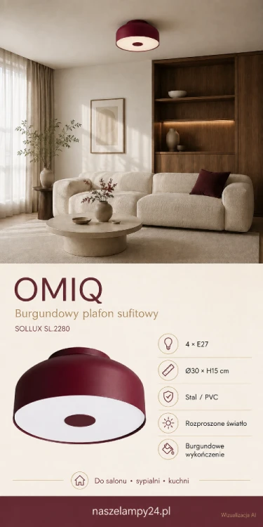 Plafon OMIQ burgundowy 4×E27 Sollux SL.2280 to eleganckie oświetlenie do nowoczesnego wnętrza. Okrągła konstrukcja ma średnicę 30 cm i wysokość 15 cm. Biała osłona rozprasza światło. Idealny do salonu, sypialni, kuchni i biura.