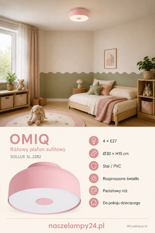 Plafon OMIQ różowy 4×E27 Sollux SL.2282 to kompaktowe oświetlenie do pokoju dziecięcego. Okrągła oprawa ze stali i PVC ma wymiary 30 × 30 × 15 cm. Biała osłona rozprasza światło. Lampa pasuje również do sypialni i garderoby.