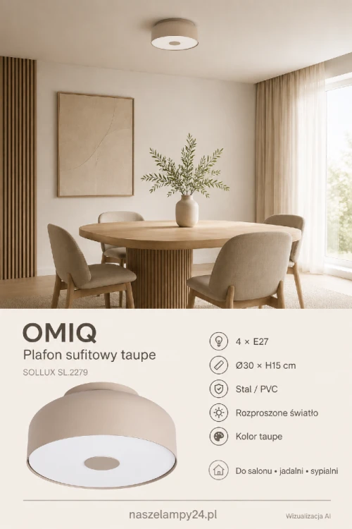 Plafon sufitowy OMIQ SL.2279 w kolorze taupe łączy prosty design z funkcjonalnością. Okrągła obudowa o średnicy 30 cm mieści cztery żarówki E27. Lampa sprawdzi się w nowoczesnym salonie, sypialni, jadalni, gabinecie i przedpokoju.