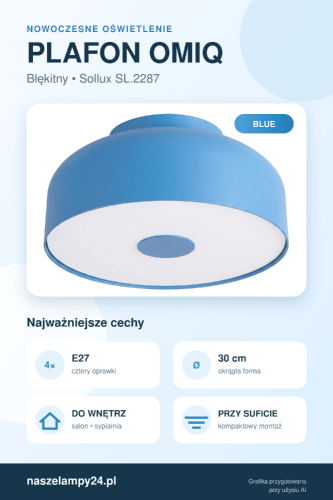 OMIQ Blue 4xE27 Sollux SL.2287 to okrągły plafon o średnicy 30 cm, odpowiedni także do niższych pomieszczeń. Błękitna obudowa i biały spód tworzą lekkie, świeże zestawienie pasujące do sypialni, pokoju dziecka lub salonu.