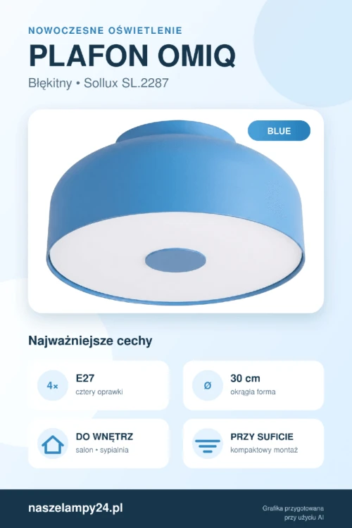 OMIQ Blue 4xE27 Sollux SL.2287 to okrągły plafon o średnicy 30 cm, odpowiedni także do niższych pomieszczeń. Błękitna obudowa i biały spód tworzą lekkie, świeże zestawienie pasujące do sypialni, pokoju dziecka lub salonu.