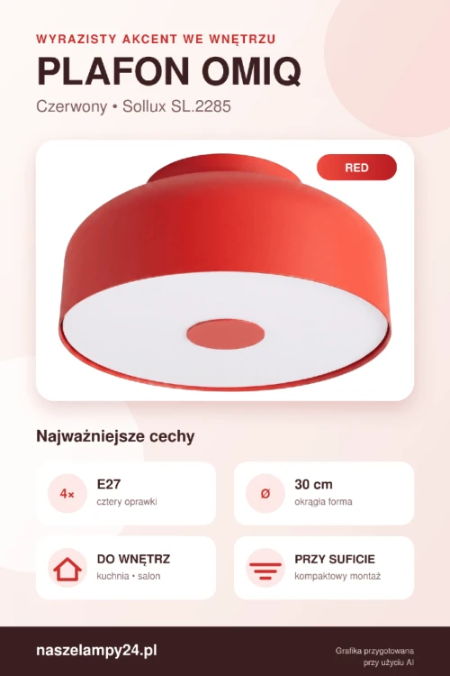 Czerwony plafon OMIQ SL.2285 marki Sollux łączy dekoracyjny kolor z funkcjonalnym układem 4xE27. Okrągła oprawa o średnicy 30 cm sprawdzi się w nowoczesnej kuchni, jadalni, salonie, gabinecie lub przedpokoju.