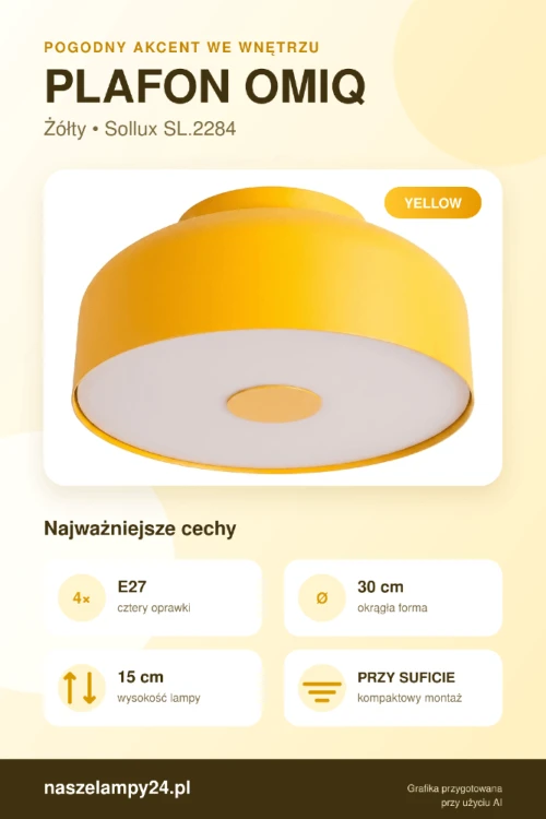 Kolorowe plafony OMIQ Sollux 4xE27 mają średnicę 30 cm i biały spód. Modele taupe, błękitne, oliwkowe, czerwone oraz żółte pasują do nowoczesnego salonu, kuchni, sypialni, jadalni, gabinetu, przedpokoju lub pokoju dziecka.