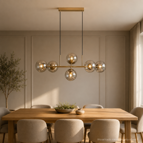 MOLITE PND-1098-6-HB Italux to lampa wisząca z 6 bursztynowymi kloszami i oprawkami E14. Mosiądz miodowy podkreśla elegancki wygląd. Model idealny nad stół w jadalni lub wyspę kuchenną. Teraz 396 zł, wcześniej 706 zł.