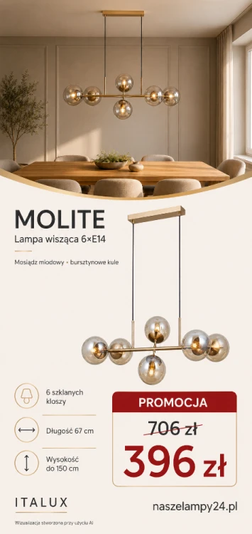 Lampa sufitowa MOLITE 6xE14 Italux zachwyca bursztynowymi kulami i wykończeniem w kolorze mosiądzu miodowego. Ma 67 cm długości i regulowaną wysokość do 150 cm. Do jadalni, kuchni i salonu. Promocja: 396 zł.
