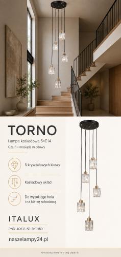 TORNO PND-40813-5R-BK-HBR Italux to lampa sufitowa z 5 kryształowymi kloszami zawieszonymi kaskadowo. Połączenie czerni i mosiądzu miodowego pasuje do eleganckich wnętrz. Idealna do holu, salonu i na klatkę schodową.