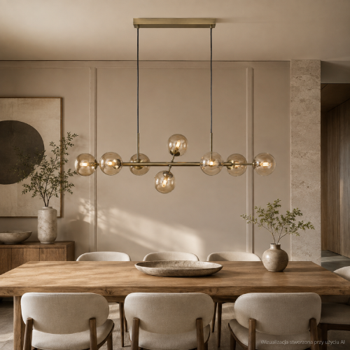ERIMIDA PND-2244-8A-AB Italux to lampa sufitowa z 8 bursztynowymi kloszami i oprawkami G9. Antyczny brąz podkreśla jej elegancką formę. Regulowana wysokość do 150 cm pozwala dopasować lampę nad stół lub wyspę.