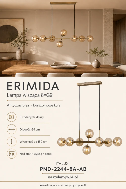 Lampa ERIMIDA Italux 8xG9 łączy antyczny brąz z ośmioma kulami z bursztynowego szkła. Długość 84 cm i regulowana wysokość do 150 cm sprawiają, że model efektownie oświetli stół w jadalni, wyspę kuchenną lub barek.