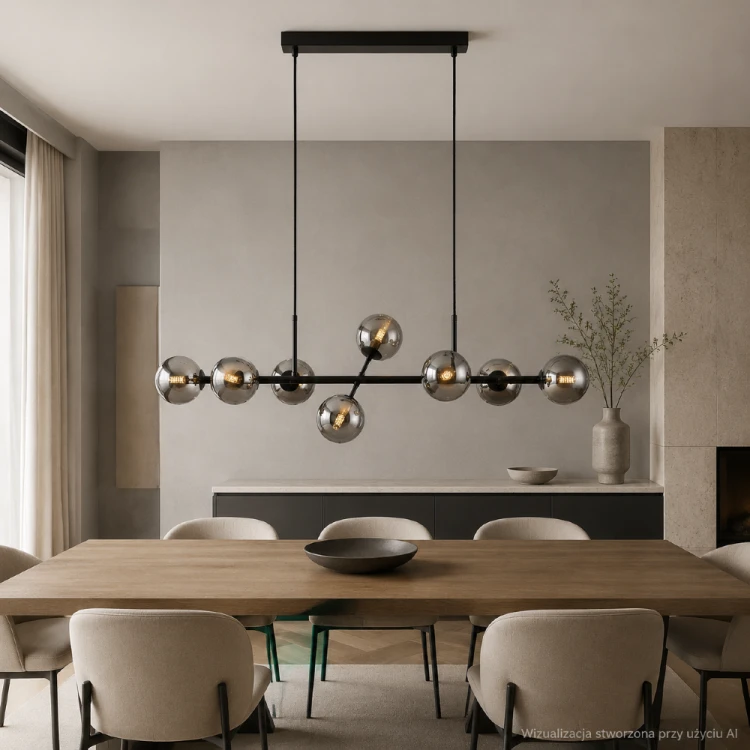 ERIMIDA PND-2244-8A-BL Italux to czarna lampa sufitowa z 8 dymionymi kloszami. Regulowana wysokość do 150 cm ułatwia dopasowanie jej nad stół lub wyspę. Industrialna forma pasuje do kuchni, jadalni i salonu.