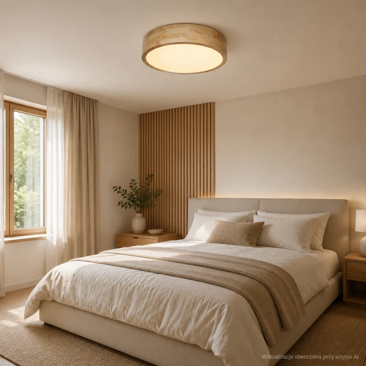 Nowoczesny plafon drewniany NORTON Italux z modułem LED 24 W i strumieniem 2700 lm. Trzy barwy światła 3000/4000/6500 K, funkcja ściemniania i pilot w zestawie. Oświetlenie do sypialni, salonu lub gabinetu.