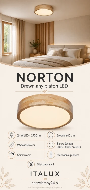 Okrągły plafon LED NORTON Ø40 cm z drewnianą ramą i białym dyfuzorem. Lampa oferuje 2700 lm, ściemnianie oraz wybór barwy 3000/4000/6500 K. Sterowanie pilotem zapewnia wygodę. Produkt Italux z 5-letnią gwarancją.