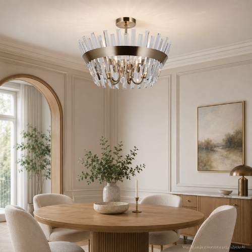 Lampa kryształowa ALTOYA Italux 5xE14 łączy metal w kolorze antycznego brązu z dekoracyjnymi kryształami. Plafoniera o średnicy 38 cm pasuje do salonu, jadalni i sypialni w stylu glamour, klasycznym lub modern classic.