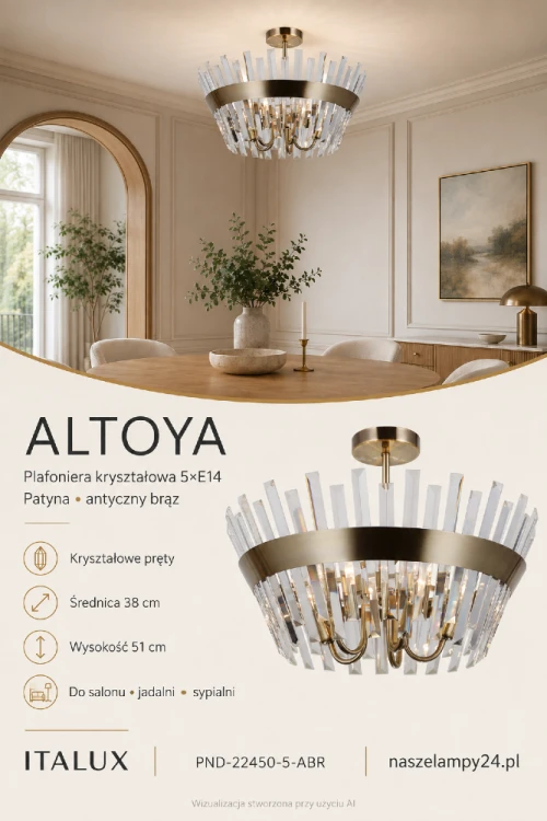 Elegancka plafoniera ALTOYA 5xE14 w kolorze patyny zachwyca dekoracją z transparentnych kryształów. Lampa sufitowa Italux o średnicy 38 cm pięknie prezentuje się w salonie, jadalni, sypialni i reprezentacyjnym holu.
