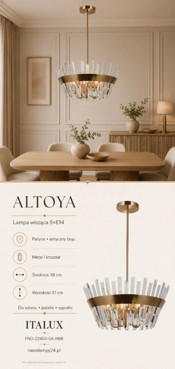 Elegancka lampa ALTOYA 5xE14 marki Italux zachwyca patynowanym wykończeniem i dekoracyjnymi kryształami. Okrągła oprawa Ø38 cm efektownie prezentuje się nad stołem w jadalni, w salonie, sypialni lub reprezentacyjnym holu.