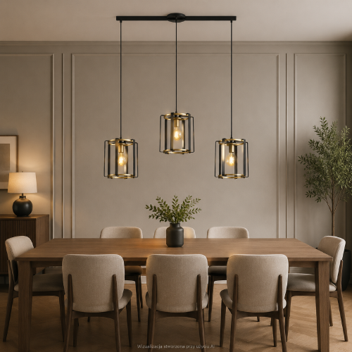 Czarno-złota lampa PRIMERO Italux 3xE27 ma trzy otwarte klosze eksponujące żarówki. Podłużna konstrukcja o długości 96 cm doskonale sprawdzi się nad stołem w jadalni, wyspą kuchenną lub barkiem. Wysokość całkowita 158 cm.