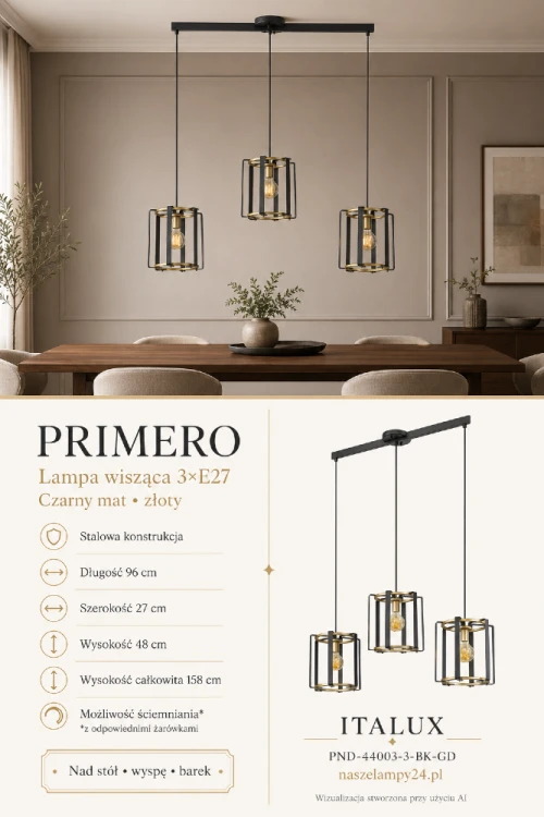 Lampa sufitowa PRIMERO 3xE27 to połączenie matowej czerni, złotych detali i industrialnego wzornictwa. Trzy stalowe klosze równomiernie oświetlą stół, wyspę lub barek. Model Italux PND-44003-3-BK-GD ma 96 cm długości.
