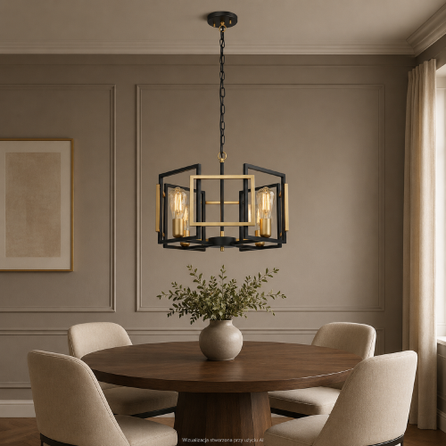 Nowoczesna lampa PRIMERO 4xE27 marki Italux łączy matową czerń ze złotymi detalami. Otwarta stalowa oprawa eksponuje żarówki i nadaje wnętrzu loftowy charakter. Idealna nad okrągły stół, do salonu albo jadalni.