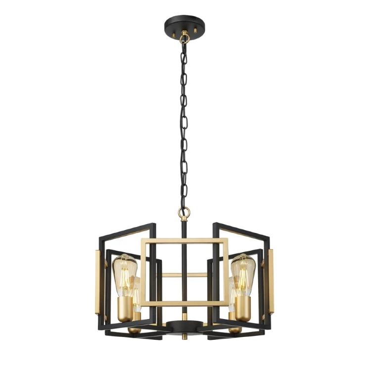 Czarno-złota lampa wisząca PRIMERO Italux 4xE27 zachwyca otwartą, geometryczną konstrukcją. Średnica 50 cm i regulowana wysokość do 164 cm sprawiają, że model doskonale prezentuje się nad stołem w jadalni lub w salonie.