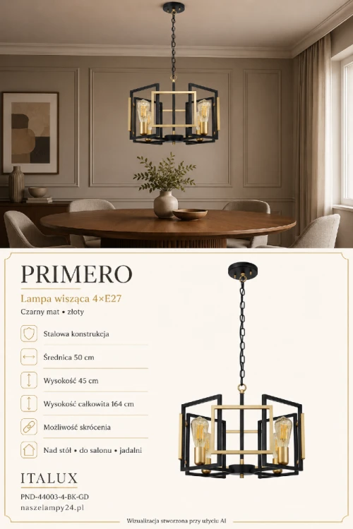 Lampa sufitowa PRIMERO PND-44003-4-BK-GD ma cztery oprawki E27 i geometryczną konstrukcję ze stali. Czarno-złoty model o średnicy 50 cm pasuje do wnętrz nowoczesnych, industrialnych i loftowych. Wysokość do 164 cm.