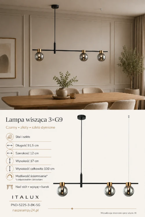 Czarno-złota lampa Italux 3xG9 wyróżnia się smukłą, asymetryczną konstrukcją i kulami z dymionego szkła. Model PND-5225-3-BK-SG to eleganckie oświetlenie nad stół, wyspę lub barek do nowoczesnej kuchni i jadalni.