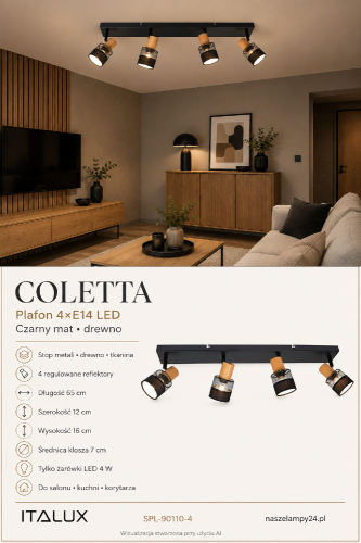 Czarno-drewniany plafon COLETTA Italux ma cztery ruchome reflektory E14 LED. Ażurowe klosze z siatki i tkaniny nadają mu nowoczesny wygląd. Lampa sufitowa o długości 65 cm pasuje do salonu, kuchni, gabinetu i przedpokoju.