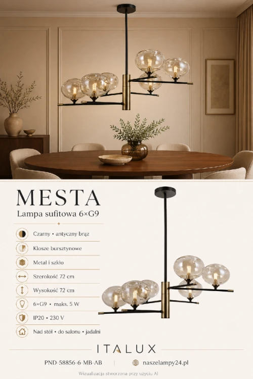 Lampa MESTA PND-58856-6-MB-AB to dekoracyjna oprawa z sześcioma źródłami światła G9. Asymetryczna konstrukcja w kolorze czarnym i antycznego brązu oraz bursztynowe klosze efektownie prezentują się w salonie i jadalni.