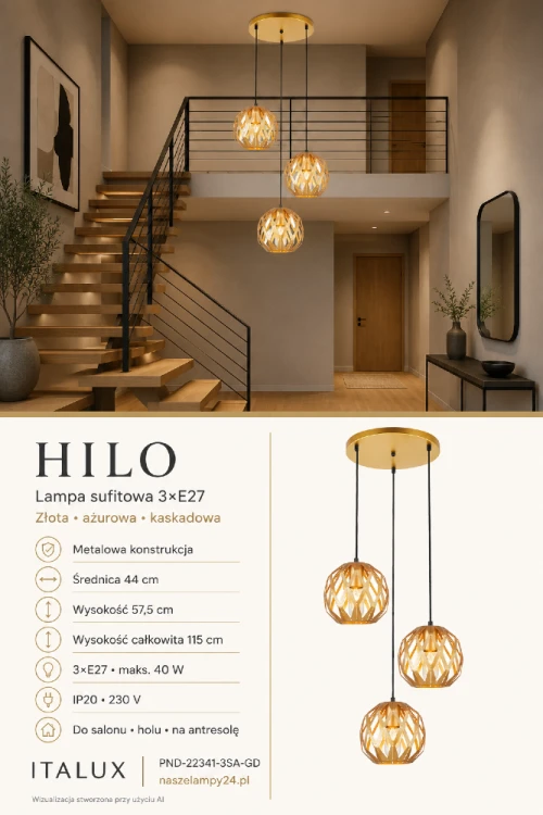 Lampa kaskadowa HILO PND-22341-3SA-GD to trzy ażurowe klosze wykonane ze złotego metalu. Efektowna oprawa 3xE27 pasuje nad okrągły stół oraz do salonu, jadalni, wysokiego holu lub na klatkę schodową.
