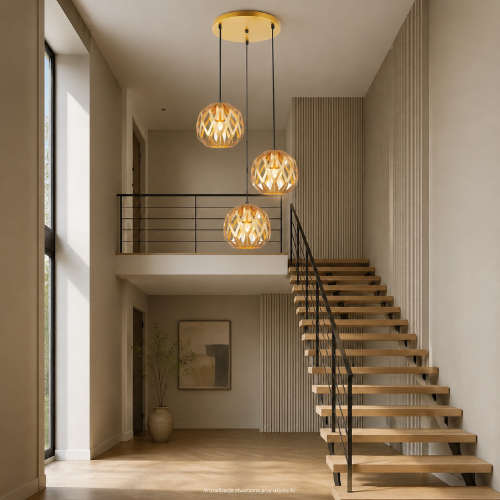 Złota lampa HILO Italux 3xE27 wyróżnia się geometrycznymi kloszami na różnych wysokościach. Ażurowa konstrukcja eksponuje dekoracyjne żarówki i swobodnie przepuszcza światło. Idealna do salonu, holu i wnętrza z antresolą.
