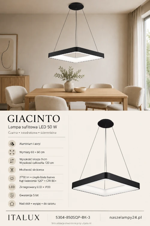 Nowoczesna lampa GIACINTO 50W LED ma kwadratową ramę z aluminium i akrylu. Strumień 2750 lm, ciepła biała barwa oraz ściemnianie pozwalają dopasować światło do wnętrza. Wysokość zawieszenia do 120 cm można skrócić.