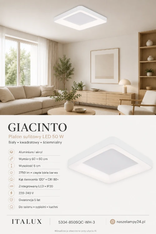 Biały plafon LED GIACINTO 5304-850SQC-WH-3 ma wymiary 60 × 60 × 6 cm. Zapewnia ciepłą białą barwę, strumień 2750 lm, kąt świecenia 120° i możliwość ściemniania. Doskonały do salonu, sypialni, kuchni lub biura.