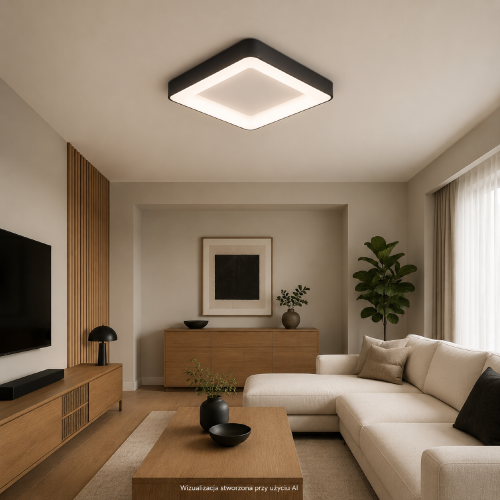 Czarny plafon LED GIACINTO Italux łączy minimalistyczną formę z wydajnym oświetleniem. Zintegrowany moduł 50W emituje 2750 lm zimnego białego światła. Wymiary 60 × 60 cm, wysokość 6 cm, funkcja ściemniania i 5 lat gwarancji.