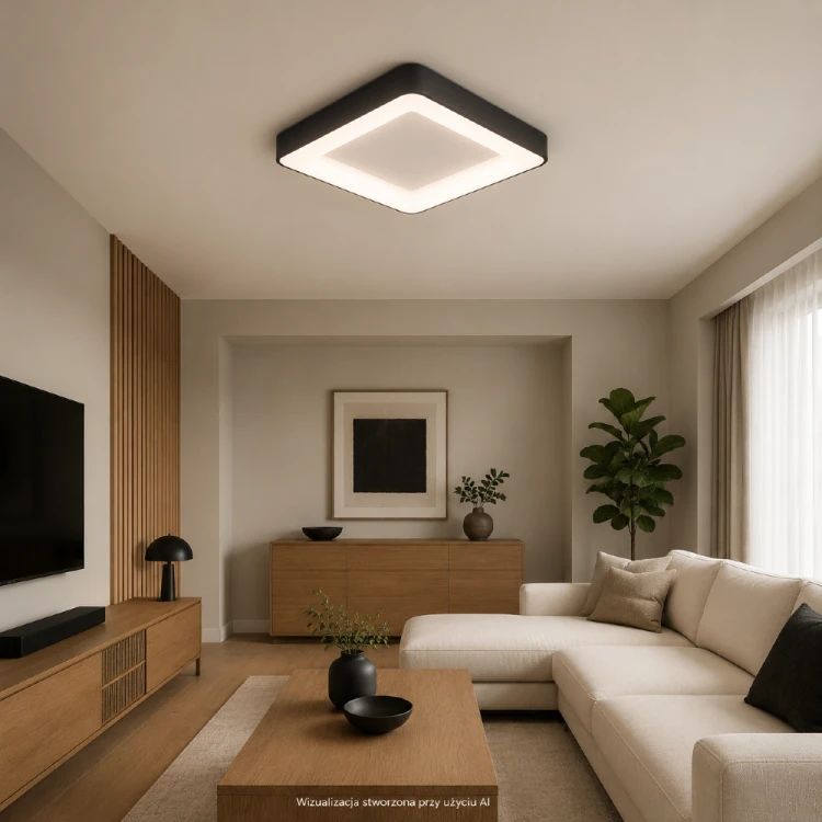 Czarny plafon LED GIACINTO Italux łączy minimalistyczną formę z wydajnym oświetleniem. Zintegrowany moduł 50W emituje 2750 lm zimnego białego światła. Wymiary 60 × 60 cm, wysokość 6 cm, funkcja ściemniania i 5 lat gwarancji.