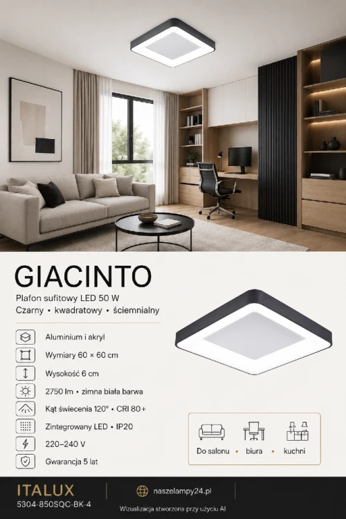 Nowoczesna lampa sufitowa GIACINTO 50W LED pasuje do biura, kuchni, garderoby i salonu. Kwadratowa oprawa 60 × 60 cm oferuje 2750 lm, zimną białą barwę światła, szeroki kąt 120°, ściemnianie oraz 5 lat gwarancji.