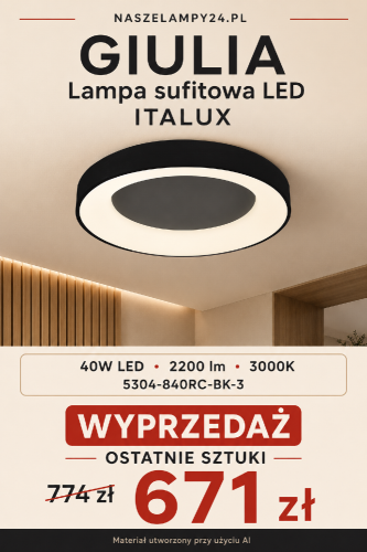 Nowoczesny plafon LED GIULIA Italux w czarnym kolorze łączy minimalistyczny wygląd z przyjemnym światłem 3000K. Moc 40W i 2200 lm sprawdzą się w salonie, jadalni lub sypialni. Cena promocyjna 671 zł. Wyprzedaż ostatnich sztuk.