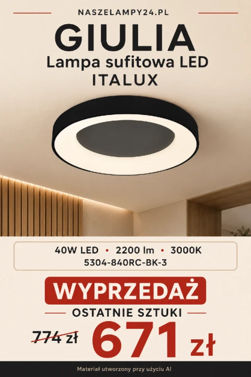 Nowoczesny plafon LED GIULIA Italux w czarnym kolorze łączy minimalistyczny wygląd z przyjemnym światłem 3000K. Moc 40W i 2200 lm sprawdzą się w salonie, jadalni lub sypialni. Cena promocyjna 671 zł. Wyprzedaż ostatnich sztuk.