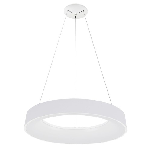 Lampa wisząca GIULIA Italux w białym kolorze ma formę dużego pierścienia Ø80 cm. Zintegrowany LED 80W zapewnia 4400 lm i ciepłą barwę 3000K. Model ze ściemnianiem sprawdzi się nad stołem, wyspą kuchenną oraz w salonie.