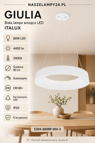 Biała lampa wisząca GIULIA 5304-880RP-WH-3 marki Italux to nowoczesny pierścień LED o średnicy 80 cm. Moc 80W, 4400 lm i ciepła barwa 3000K zapewniają funkcjonalne oświetlenie salonu, jadalni, kuchni lub przestronnego holu.