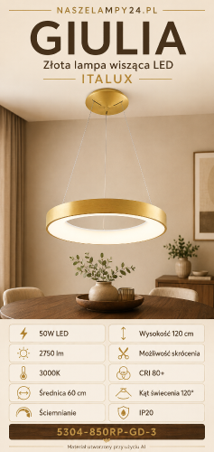 Złota lampa wisząca GIULIA Italux to nowoczesny pierścień LED Ø60 cm. Moc 50W, strumień 2750 lm i ciepła barwa 3000K zapewniają przyjemne oświetlenie. Ściemnialny model sprawdzi się nad stołem, wyspą kuchenną i w salonie.