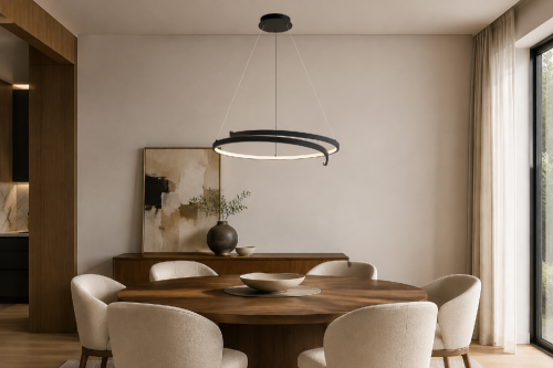 Czarna lampa wisząca LORENZO 35W LED zachwyca formą dwóch nakładających się łuków. Model Milagro ML1583 zapewnia 1500 lm i neutralne światło 4000K. Średnica 55 cm pasuje nad stół, barek lub wyspę kuchenną