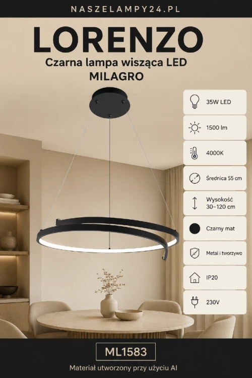 LORENZO ML1583 marki Milagro to nowoczesna czarna lampa wisząca LED do salonu i jadalni. Oferuje moc 35W, strumień 1500 lm oraz neutralną barwę 4000K. Wysokość zawieszenia można regulować od 30 do 120 cm