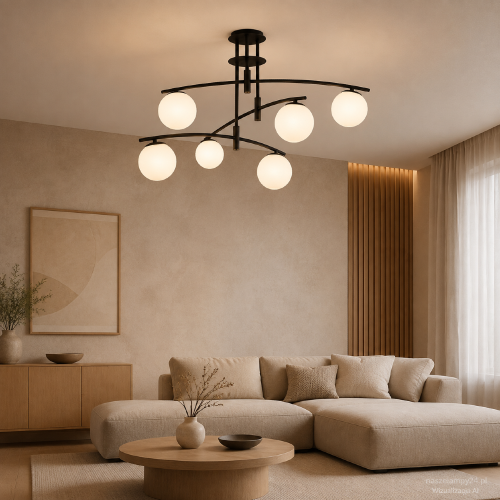 Nowoczesna lampa sufitowa SENAI 6×G9 marki Italux to efektowne oświetlenie do salonu i jadalni. Czarne, wygięte ramiona oraz białe szklane kule tworzą elegancką kompozycję. Wymiary lampy: 91,5 × 58,5 cm.